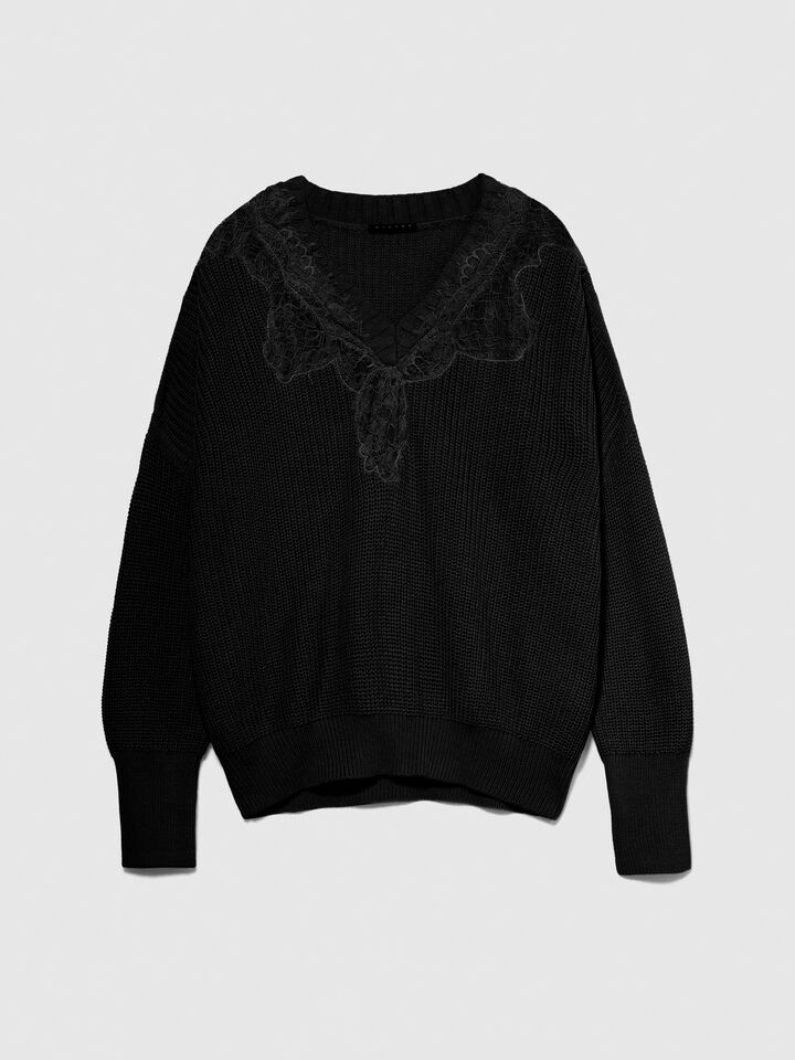 Sweater with lace - women's v-neck sweaters - Black | Sisley image number 6